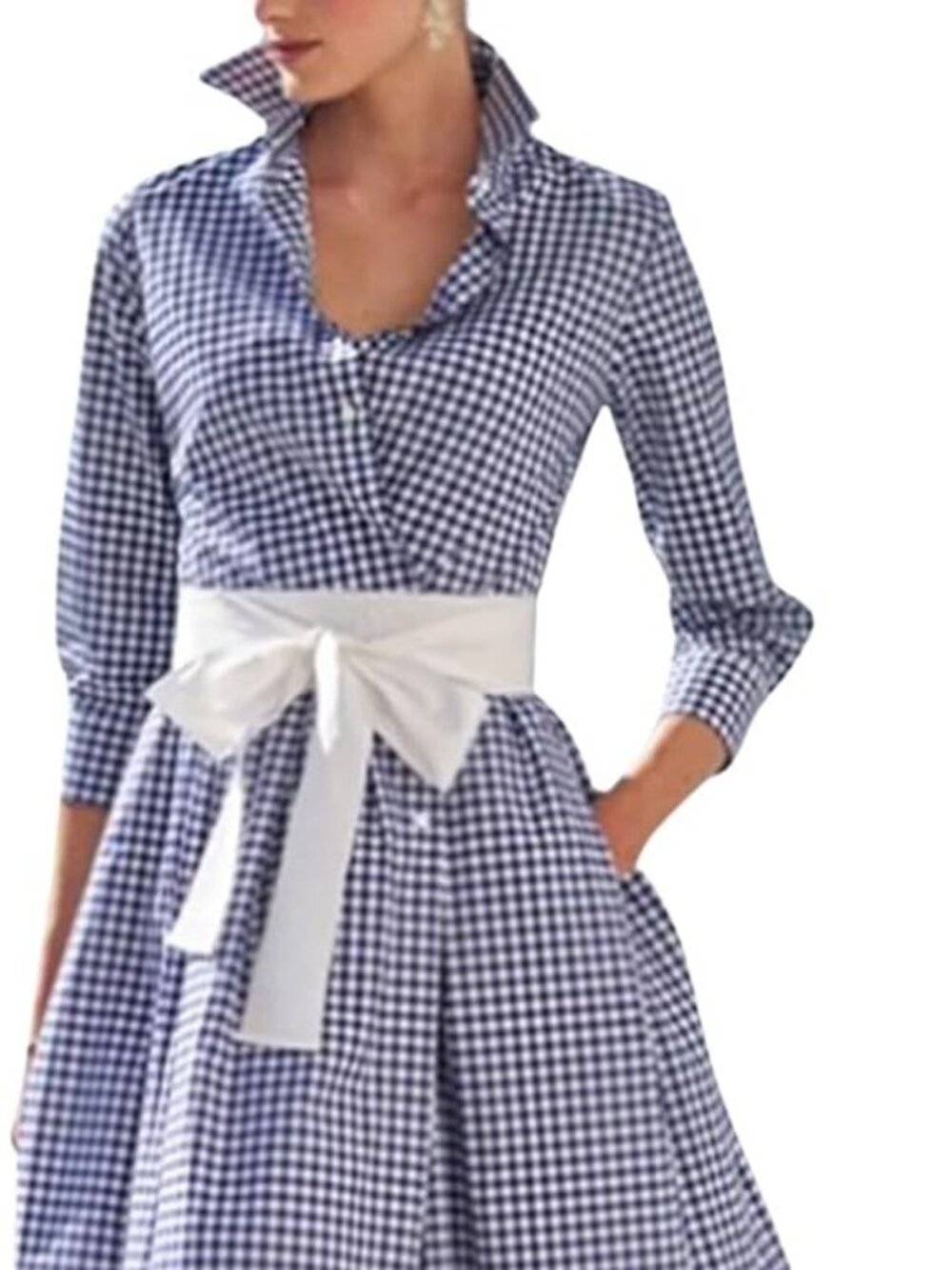 Retro Plaid Button Up Maxi Shirt Dress with Belt 3/4 Sleeve Pocketed - Navy Blue - Picture 1 of 3